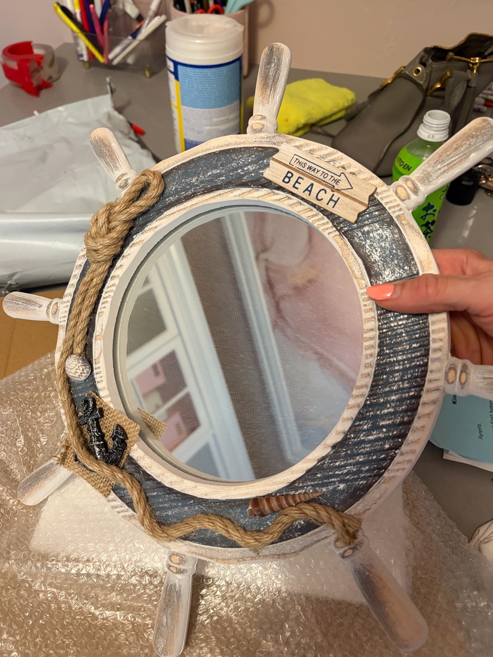 Beach Wheel Mirror - Blue and White Nautical Wall Decor